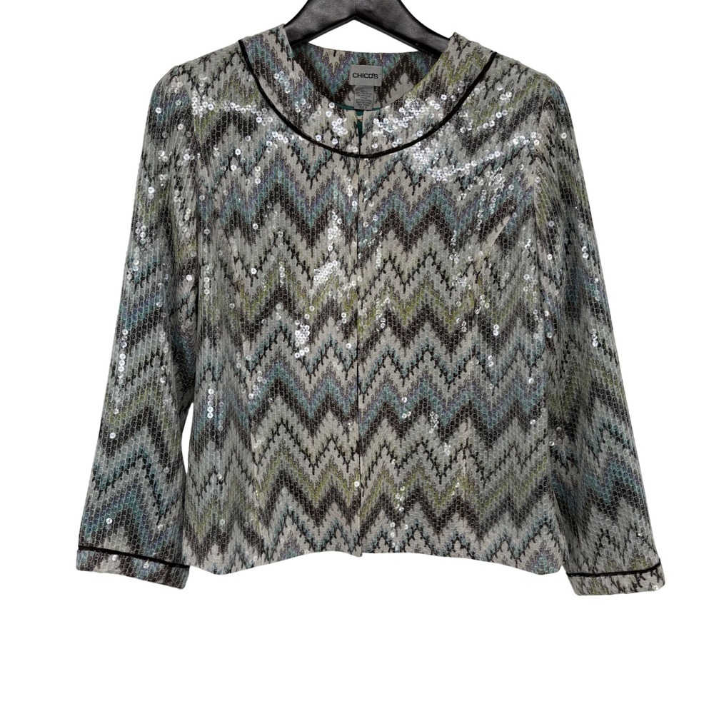 Chicos Sequin Chevron Jacket Size 2‎ Large Blue Green Zigzag Metallic Open Front